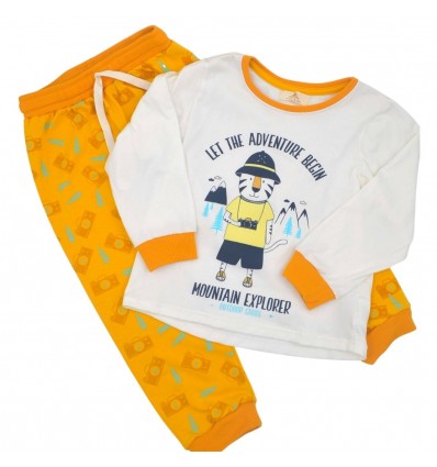 Pijama niño kids estampado tigre, color naranja y blanco.