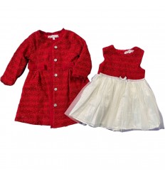 Conjunto gaban rojo vestido beige