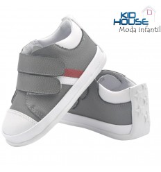 Tennis gris velcro dos rayas rojo blanco no tuerce