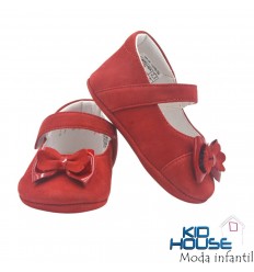 Zapato rojo nobuck velcro moño para bebe no caminador