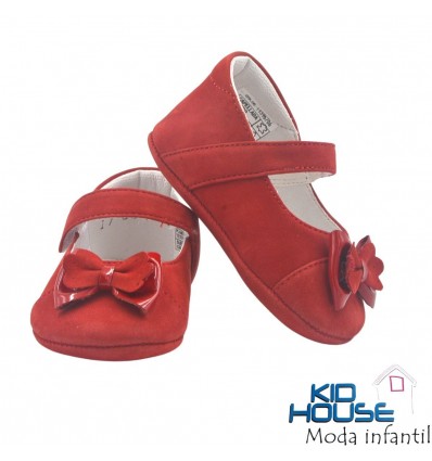 Zapato rojo nobuck velcro moño para bebe no caminador