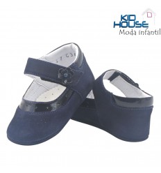 Zapato azul oscuro nobuck velcro flor para bebe no caminador
