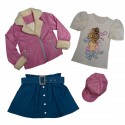 Conjunto para niña 4 piezas chaqueta tipo piloto, blusa, falda con cinturón y cachucha.