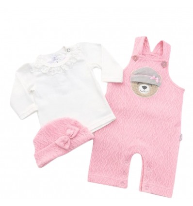 Conjunto para Bebita de overol tejido osita - Rosado