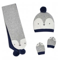 Set de gorro bufanda y mitones Pinguino Gris