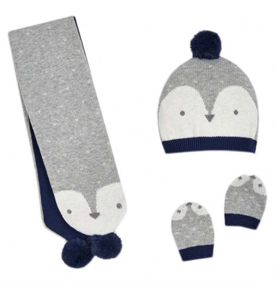 Set de gorro bufanda y mitones Pinguino Gris