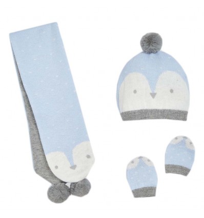 Set de gorro bufanda y mitones pinguino cielo