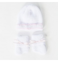 Juego de gorro y medias para bebé prematura- Rosa